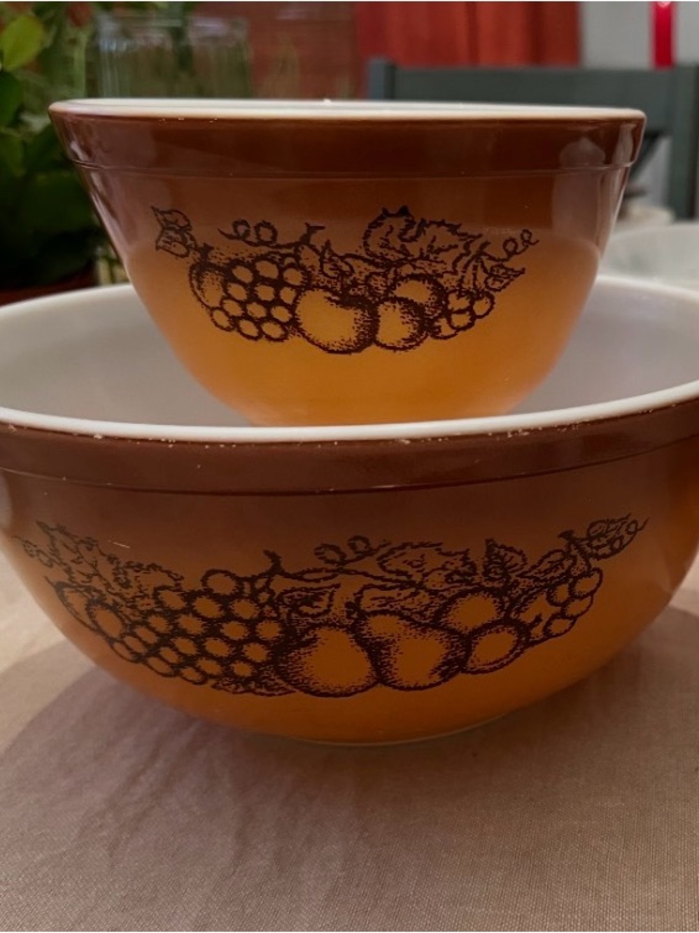 Pyrex Brown and Orange Vintage old orchard Mixing Bowls